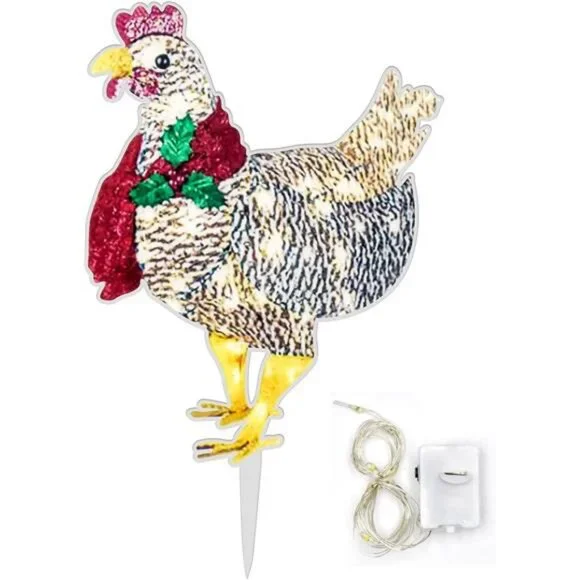 2PCS Light-Up Chicken with Scarf Holiday Decoration, LED Christmas Outdoor Decor